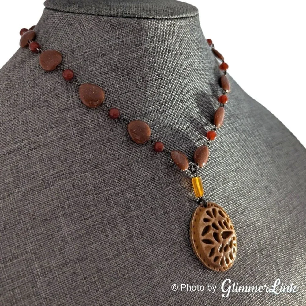 Vintage Bohemian Faux Goldstone Beaded Carved Pendant Necklace
